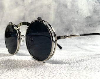 Verspiegelte Flip Steampunk Sonnenbrille 90er Jahre Schwarz Klar Doppellinse Shades Silber Metall Kreis Kreis Heyhole Rahmen Cyberpunk Goth Geschenk Idee