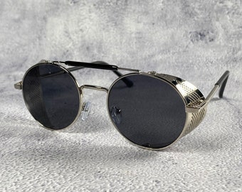 Side Shield Steampunk Sunglasses Black Lense Silver Metal Frame Y2K Avantgarde Victorian Goth Cyberpunk Shades Industrial Sunglass Gift Idea
