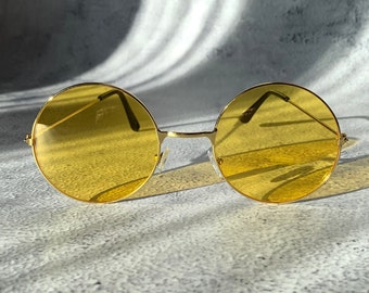 Yellow John Lennon Sunglasses Festival Hippie Glasses 60s Round Circle Gold Metal Frame Vintage Ozzy Osbourne Shades Mothers Gift For Her