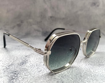 Einzigartiges Design, grüne Pilotenbrille, Ombré-Gläser, achteckige 70er-Jahre-Pilotenbrille, silberner Metallrahmen, Herren- und Damen-Piloten-Sonnenbrille, besonderes Geburtstagsgeschenk