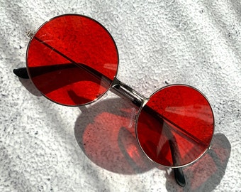 Red John Lennon Sunglasses Festival Hippie Glasses 60s Round Circle Silver Metal Frame Vintage Ozzy Osbourne Shades Mothers Gift For Her