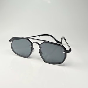 Octagonal Aviators Black Lense 70s Sunglasses Unique Design Pilot Shades Black Metal Frame Men Women Aviator Festival Sunglass Gift Idea