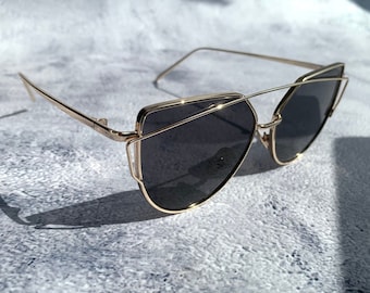 Black Aviator Sunglasses Oversized Black Lense Pilot Shades Gold Metal Frame Men Women Aviators Cat Eye Brown Bar Birthday Gift Idea