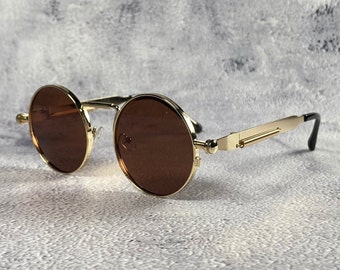 Antike braune Steampunk-Sonnenbrille, 1910er-Jahre, Vampir-Gothic-Sonnenbrille, goldfarbener Metallrahmen, gefedert, einzigartige Cyberpunk-Sonnenbrille im viktorianischen Stil, Geburtstagsgeschenk