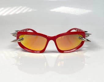 Mirrored Spiked Steampunk Shades Red Frame Rave Festival Sunglasses Cyberpunk Burning Man  Sunglasses Futuristic Sci-Fi Accessories