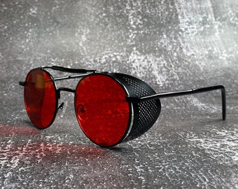 Red Black Steampunk Sunglasses Black Metal Frame Side Shield Y2K Avantgarde Victorian Goth Cyberpunk Shades Industrial Sunglass Gift Idea