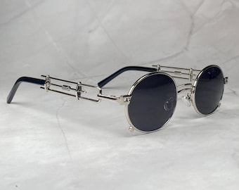 Black Vampire Steampunk Sunglasses 1910s Silver Plastic Frame Small Oval Avantgarde Dracula Goth Cyberpunk Industrial Shades Birthday Gift