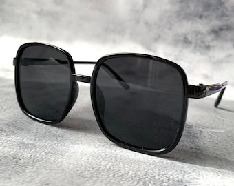 Women's Black Oversized Sunglasses 70s Black Square Frame Retro Festival Hippie Shades Large Bohemian Glasses Sunglass Birthday Mothers Gift