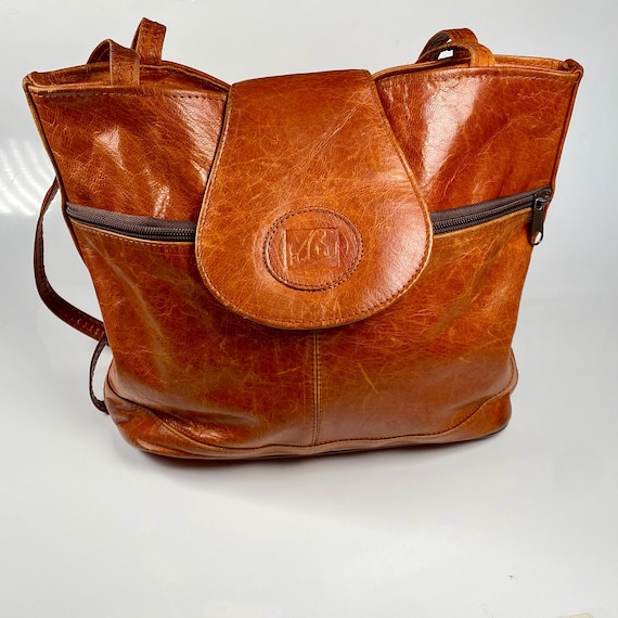 Vintage Brown Leather Handbag Cognac Leather Shoulder Bag Classic Leather Satchel 90s Vintage Leather Purse Everyday Bag