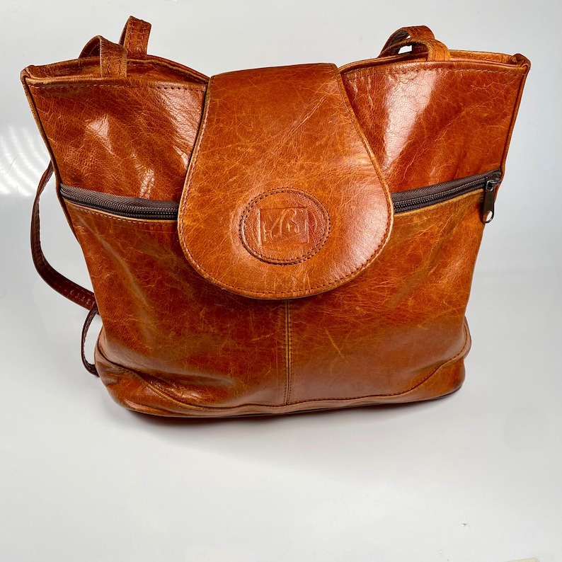 Vintage Brown Leather Handbag Cognac Leather Shoulder Bag Classic Leather Satchel 90s Vintage Leather Purse Everyday Bag image 1