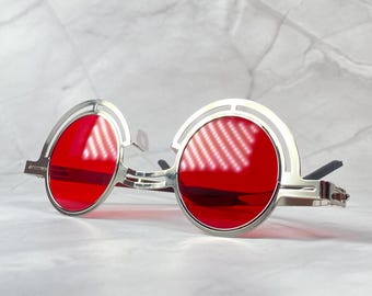 Rote Steampunk Sonnenbrille mit silbernem Halbmondrahmen, Goth Rave Shades