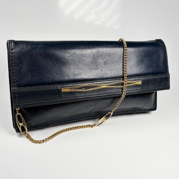 Vintage Navy Blue Leather Clutch Bag Gold Chain Evening Purse 80s Envelope Handbag Retro Shoulder Bag