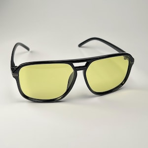 Yellow Driving 70s Sunglasses Night Vision Blocker Lense Summer Festival Shades Black Frame Oversized Aviator Pilot Sunglass Birthday Gift