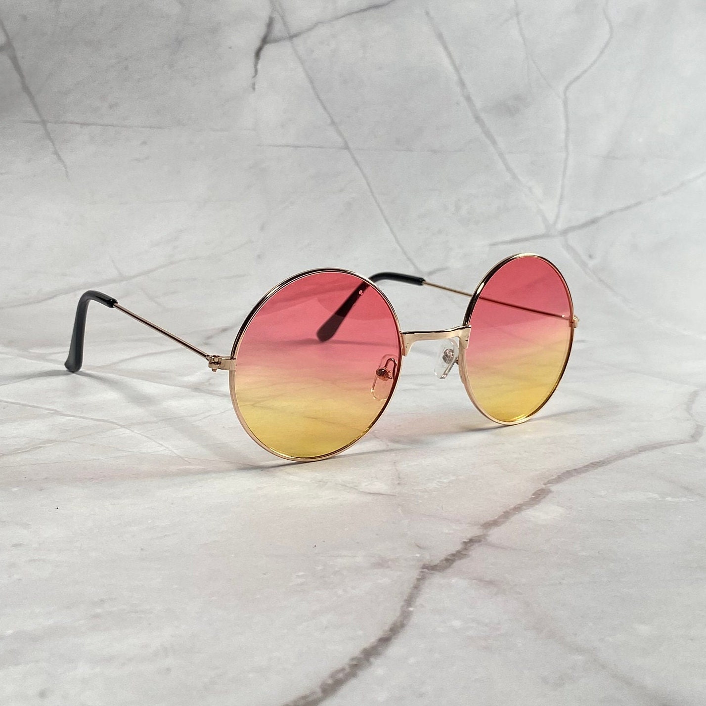Pink Yellow Hippie Sunglasses 60s Round Small Circle 
