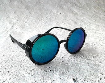 Steampunk Sunglasses Side Shield 1910s Blue Mirrored Lense Black Plastic Frame Victorian Goth Cyberpunk Shades Industrial Festival Sunglass