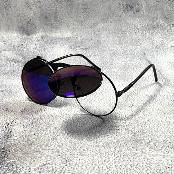 Mirrored Flip Steampunk Sunglasses 90s Black Blue Clear Double Lense Shades Black Metal Round Circle Heyhole Frame Cyberpunk Goth Gift Idea