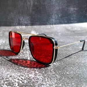 Red Black Square Aviators 70s Black Gold Metal Frame Side Shield Aviator Sunglasses Biker Rocker Shades Oversized Valentines Day Gift