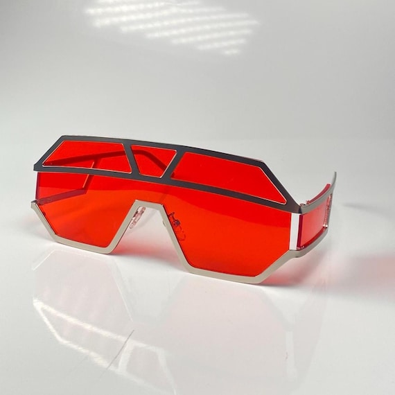 Red Y2K Aviator Sunglasses Red Lenses Women Men Shades Silver Metal Frame Octagonal Rave Sunglasses Birthday Mothers Day Gift For Her