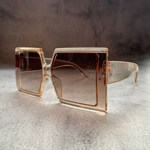 Square Large  Oversized Sunglasses Women&#39;s 70s Brown Lense Beige Frame Festival Hippie Bohemian Sunglass Birthday Moms Day Girlfriend Gift