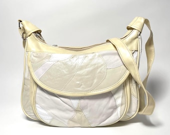 Vintage 70s Ivory Patchwork Leather Crossbody Bag Beige White Shoulder Hobo Purse Boho Everyday Bag Christmas Gift