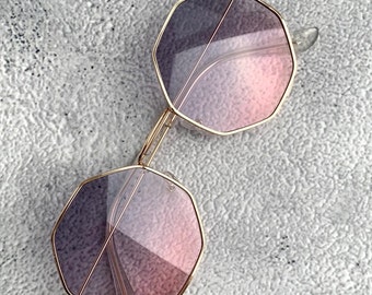 John Lennon Hippie Sonnenbrille 60er Jahre Achteckig Festival Shades Lila Pink Ombre Linsen Gold Metallrahmen Retro Sonnenbrille Geburtstag Geschenk für Mama
