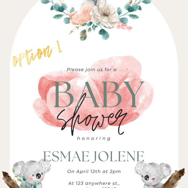 Baby shower digital invitation, digital download, koala, floral