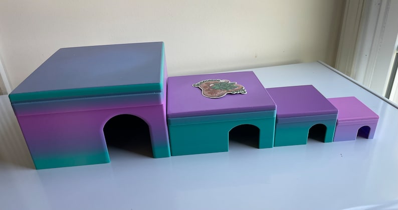 Op de afbeelding: Vier kleurrijke, meerlagige, plastic huizen met gewelfde ingangen, gerangschikt in aflopende volgorde. Het grootste huis heeft een paarse, turquoise en lichtblauwe gradi&euml;nt. Het op een na grootste huis heeft een paarse bovenkant en een turquoise onderkant. Het derde huis heeft een paarse bovenkant en een turquoise onderkant. Het kleinste huis is paars.
