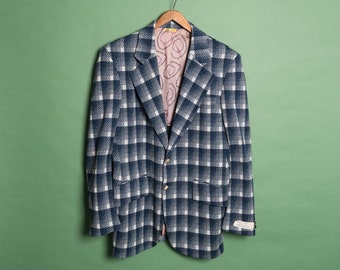 70s Vintage Men's Blue Plaid Patterned Blazer Suit Jacket (New Old Stock)
