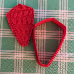 May include: Two red seashell-shaped cookie cutters. One cutter is a solid seashell shape with detailed markings. The other is a shell-shaped outline. The cutters are on a green and white plaid background.