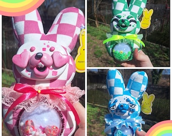 Emotional Beeper's!- kawaii handmade art ooak plush doll clowncore checkered shakers fidget blue green pink clowncore kidcore clayfaceplushs