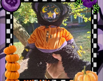 Wichita The Spooky Bear, handmade Halloween kawaii y2k decora sweater autumn ooak plush art doll orange black purple witchcraft gifts fun.