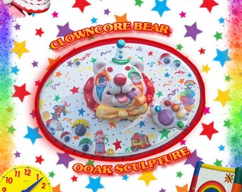 Clowncore Bear Clay Taxidermy!- sculpture handmade ooak painting oddcore dreamcore webcore maximallistic rainbow clouds clowncore