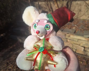 Twinkle The Small Pink Mouse!~ christmas gifts love fun ooak plush art doll rat oddities green vintage handmade cottagecore kawaiis