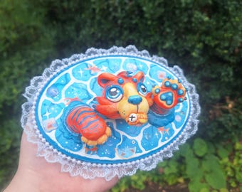 Frutiger Aqua Tiger Clay Taxidermy!- sculpture handmade ooak painting oddcore dreamcore webcore maximallistic rainbow clouds clowncore ocean