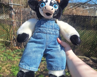MooMoo The Farmer Cow, kawaii handmade ooak art doll plush clayfaceplush cottagecore fun gifts family blue black white