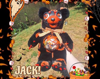 Jack The Halloween Bear- horror shaker fidget kawaii clayfaceplush oddcore ooakplush artdoll orange black pumpkins vintage y2k alternative