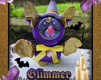 Glimmer The Sparkly Bat! witch tiktok handmade etsy ooak plush clayfaceplush wizard familiar spell tarot magic kawaii recycled glitter gold