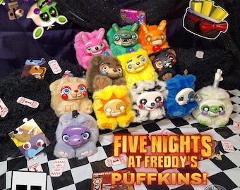 FNAF PUFFKINS SERIES 2! - vintage handmade kawaii 90s 80s y2k fivenightsatfreddys toys clayfaceplush metallic ooak art doll rainbow cosplays