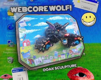 Weirdcore Wolf Clay Taxidermy!- sculpture handmade ooak painting oddcore dreamcore webcore maximallistic rainbow cloud