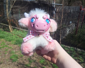 Milkshake The SMALL Pink Cow!- kawaii ooak plush clayfaceplush art doll small handmade pink strawberry fun gifts y2k