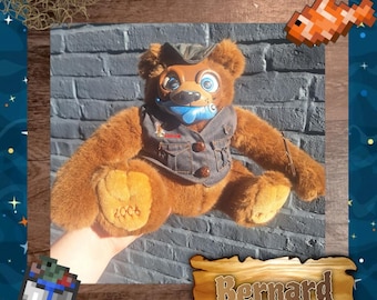 Bernard The Fisher Bear- cottage core fairy fun gifts kawaii clayfaceplush handmade ooak art doll blue brown vintage recycled art