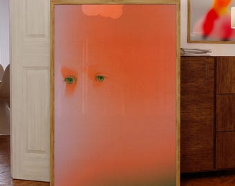 Puede incluir: Una impresión de arte abstracto enmarcada con un esquema de color rosa y naranja. La impresión presenta dos ojos y una forma de nube.