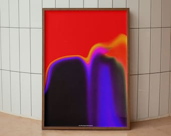 May include: A framed abstract print with a red background and a colourful, flowing design in shades of purple, blue, yellow, and orange.