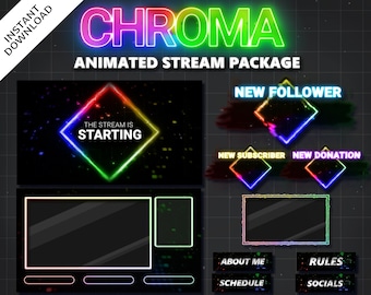 Chroma Animated Stream Package | Rainbow Aesthetic | Glow | Neon Theme | Livestream | Twitch | Alerts | Panels | Overlays | Screens