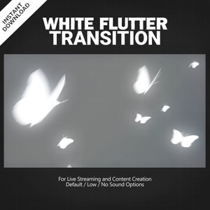 Peut inclure: Des papillons blancs volent sur un fond gris. Le texte "White Flutter Transition" est en haut de l'image. Le texte "For Live Streaming and Content Creation" est en bas de l'image. Le texte "Default / Low / No Sound Options" est sous le texte précédent.