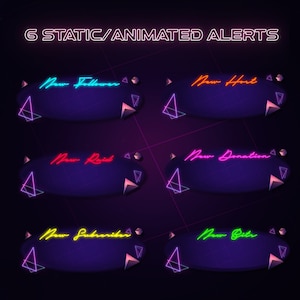 May include: Six animated alerts for a live stream, each with a different color and text. The alerts are for new followers, hosts, raids, donations, subscribers, and bits.