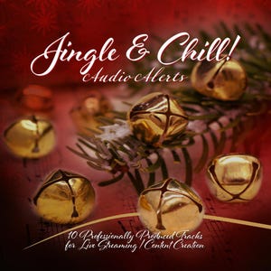 Puede incluir: Un fondo rojo con un patrón de copo de nieve blanco. El texto "Jingle & Chill! Audio Alerts" está en una fuente blanca cursiva. Hay cascabeles dorados esparcidos en una rama de pino verde y una hoja de música. El texto "10 Professionally Produced Tracks for Live Streaming/Content Creation" está en la parte inferior de la imagen.