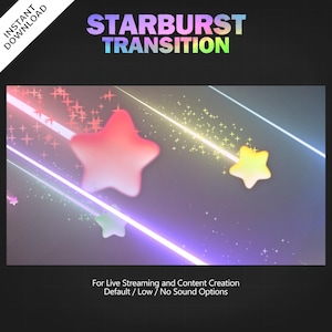 Peut inclure: Un effet de transition en forme d'étoile éclatante avec des lignes et des étoiles brillantes. Le texte "STARBURST TRANSITION" est en haut de l'image. Le texte "For Live Streaming and Content Creation" est en bas de l'image. Le texte "Default/Low/No Sound Options" est sous le texte précédent.