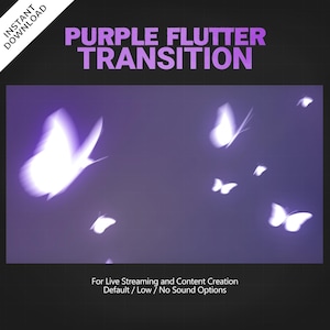Peut inclure: Effet de transition animé de papillon violet et blanc pour le streaming en direct et la création de contenu. L'effet présente plusieurs papillons qui volent sur un fond violet. Le texte "Purple Flutter Transition" est affiché en haut de l'image. Le texte "For Live Streaming and Content Creation" est affiché en bas de l'image. Le texte "Default/Low/No Sound Options" est affiché sous le texte précédent.