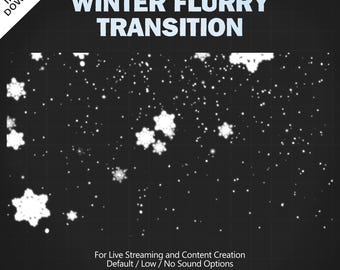 Pode incluir: Um fundo preto com flocos de neve brancos caindo. O texto "WINTER FLURRY TRANSITION" está no topo da imagem. O texto "For Live Streaming and Content Creation" está na parte inferior da imagem. O texto "Default/Low/No Sound Options" está abaixo do texto anterior.